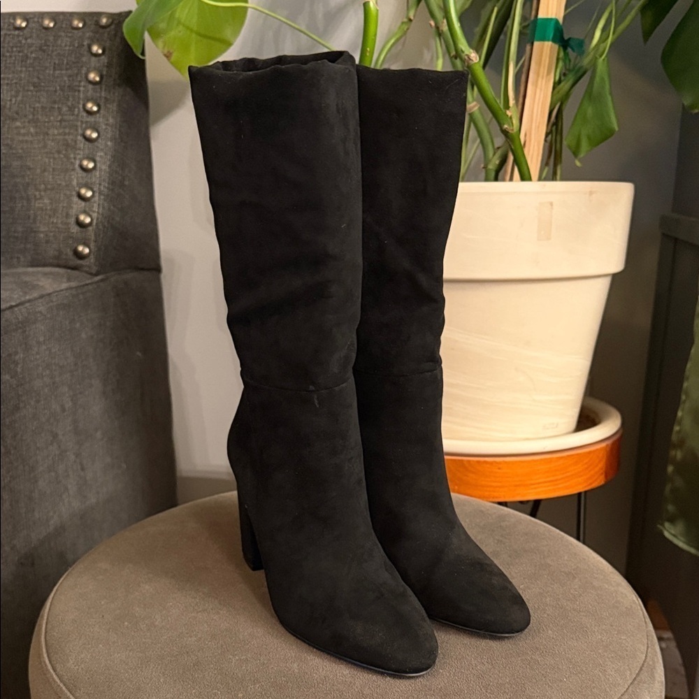 Chinese Laundry Womens 7.5 Black Suede Slouch Heel Boots Mid Calf